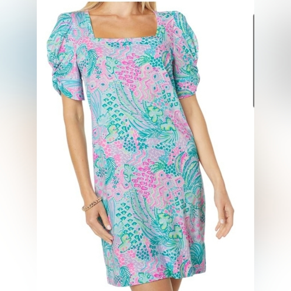 Lilly Pulitzer Pink and Green Mini Dress Vibrant Floral Design - Picture 1 of 9